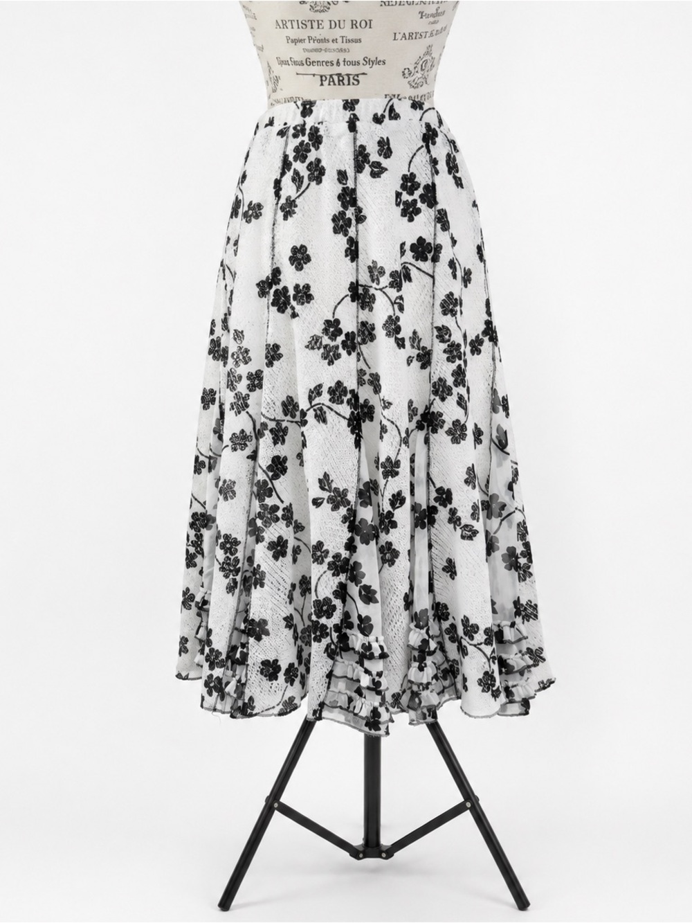 Coldwater Creek White Maxi Skirt with Black Floral Lace Overlay